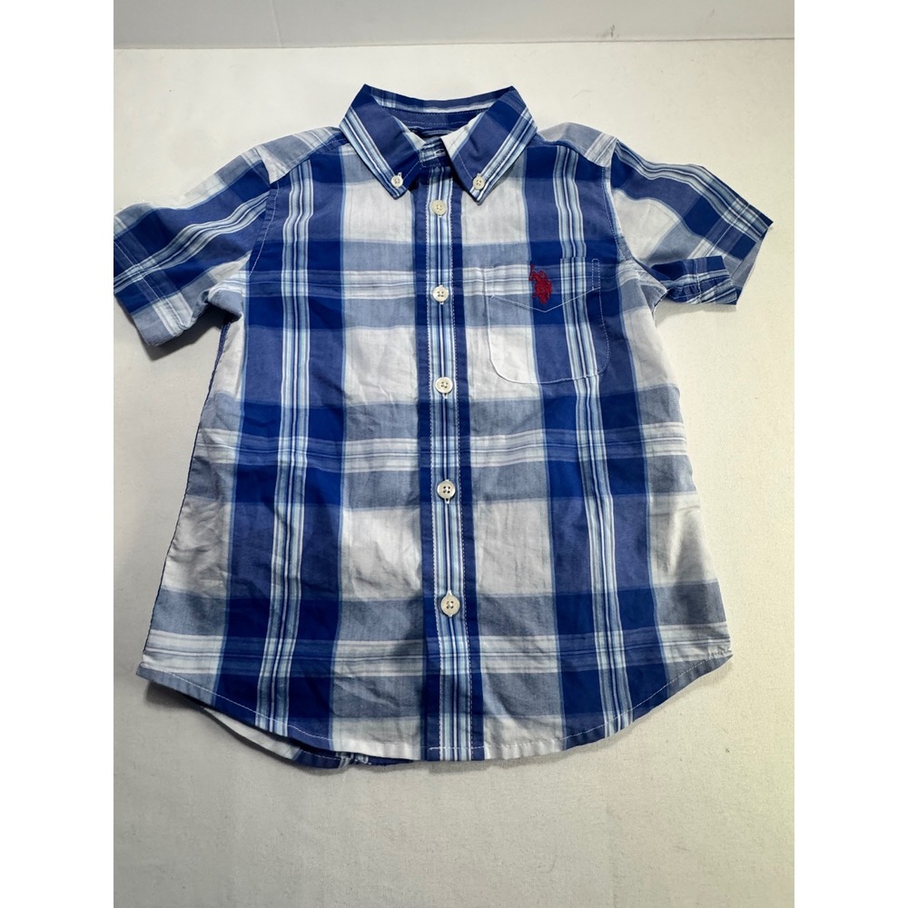 US Polo Assn Shirt Boys‎ XS 4-5 Blue White Plaid Short Sleeve Button Down Top XS